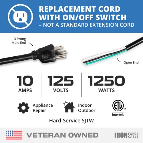 Vista 2 de Iron Forge Cable Cable de alimentación de repuesto de 16 AWG de 10 pies con interruptor de encendido y apagado en línea impermeable IP65 - Cable