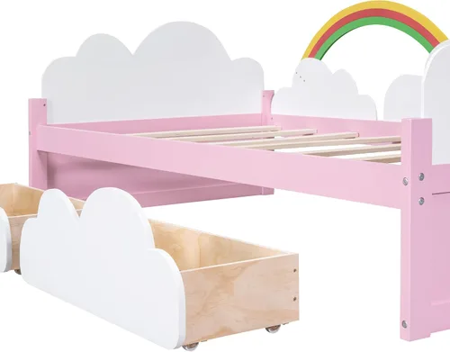 Vista 8 de Merax Cama individual con decoración de nubes y arco iris, marco de cama de madera con cajones de almacenamiento para niños