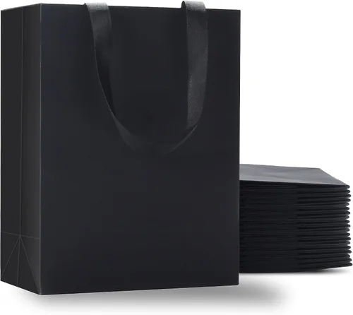 Vista 36 de Bolsas de regalo negras con asas, 10 bolsas de papel kraft de 5.25 x 3.75 x 8 pulgadas para bodas, fiestas, negocios, venta al por menor Negro