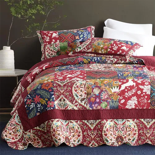 Vista 12 de Juego de ropa de cama de algodón, juego de colcha reversible de 3 piezas, edredón vintage con diseño floral de mosaico, colcha blanca, tamaño queen