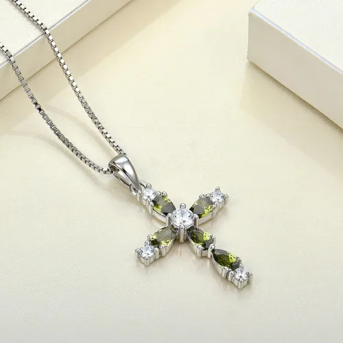 Vista 5 de YL Collar de cruz de piedras preciosas de plata de ley 925 con piedra natal religiosa, joyería para mujer