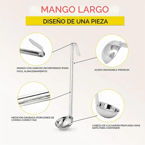 Vista 3 de Fit Meal Prep [Paquete de 2] Cucharón de sopa de acero inoxidable de 2 onzas, espátula de salsa de una pieza con asas de gancho, cuchara de servir