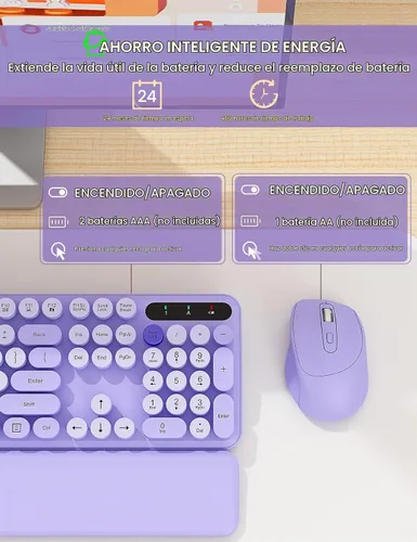 Vista 5 de Combo de teclado y mouse inalámbricos, bonita máquina de escribir Púrpura olvidado