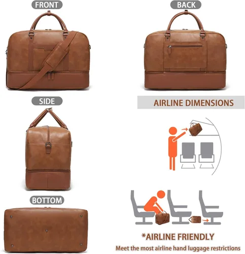 Vista 8 de Wogarl Bolsa de fin de semana para mujeres y hombres, bolsa grande de viaje, Marrón claro, Moda