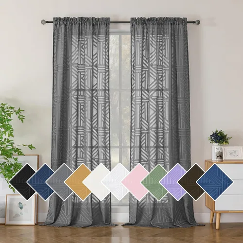 Vista 96 de Simplebrand Cortinas traslúcidas negras de cocina de 24 pulgadas de largo, 2 paneles, filtrado de luz, geométrico jacquard con textura, cortinas
