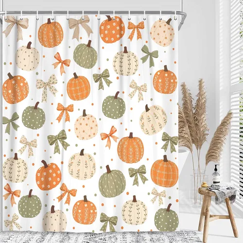 Vista 2 de Boho Fall Pumpkin Bow Shower Curtain for Bathroom, Waterproof Thanksgiving Harvest Autumn Bath Curtain with Hooks, Washable Privacy Curtain for Kids
