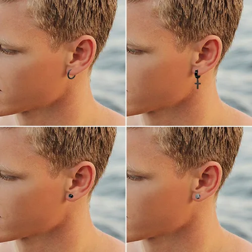 Vista 4 de 341518 pares de aretes para hombre, kit de aretes de acero inoxidable para hombres y mujeres, joyería de moda, aretes de aro colgantes de cruz