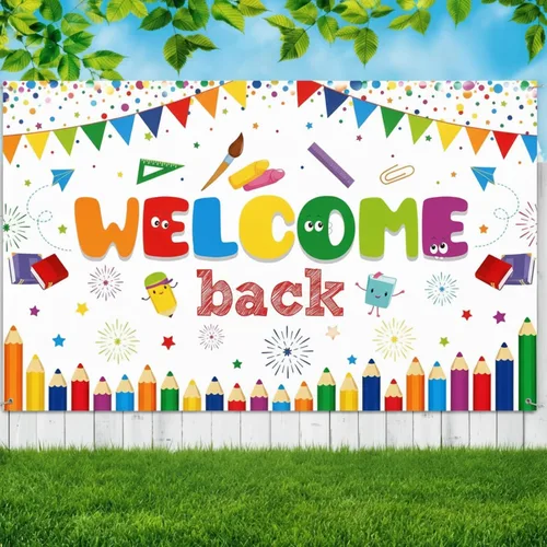 Vista 8 de Tatuo Cartel de bienvenida de vuelta a la escuela, cartel grande de tela para el primer día de escuela, cartel de bienvenida, tablón de anuncios