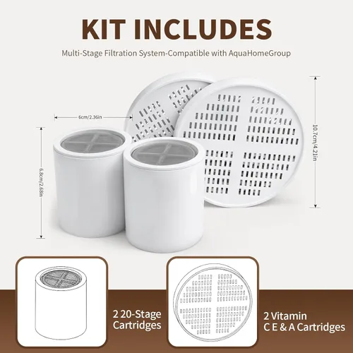 Vista 2 de Cartucho de repuesto para filtro de ducha compatible con AquaHomeGroup, cartuchos de vitamina C E y A, cartuchos de 20 etapas, agua purificada