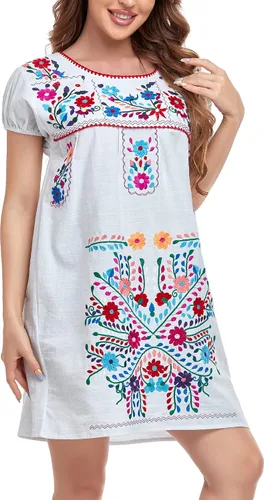 Vista 6 de YZXDORWJ Vestido bordado mexicano de manga corta para mujer