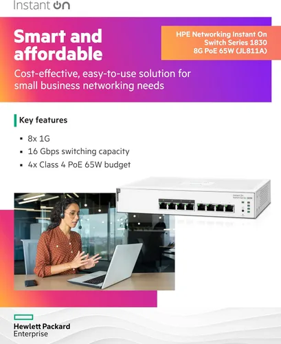 Vista 3 de Switch HPE Networking Instant On Serie 1830 de 8 puertos Gb Smart-Managed Layer 2 Ethernet con PoE 8X 1G 4X CL4 PoE (65 W) Sin ventilador