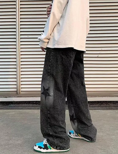 Vista 4 de Pantalones de mezclilla Y2K para hombre, estilo vintage, hip hop, holgados, rectos, tela de araña, con gráficos de estrellas, pantalones
