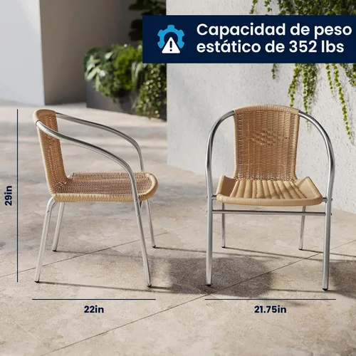 Vista 2 de EMMA + OLIVER Silla apilable de aluminio y ratán beige para interiores y exteriores Aluminio y beige