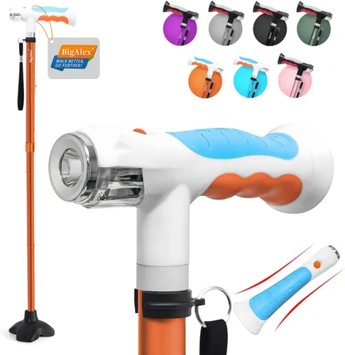 Vista 7 de BigAlex Bastón plegable con dos luces LED para ancianos, base sólida, bastón ajustable con bolsa de transporte para hombres y mujeres Negro