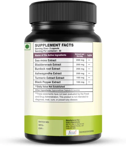 Vista 8 de Musgo marino 6 en 1 Super Blend Ashwagandha bardana cúrcuma y vejiga inmunidad y desintoxicación apoyo 60 cápsulas vegetales sin OMG sin gluten