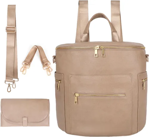 Vista 7 de Bolsa de pañales, mochila de cuero para pañales de MF Store, mochila de pañales con funda para portátil, cambiador, bolsa de toallitas, correas