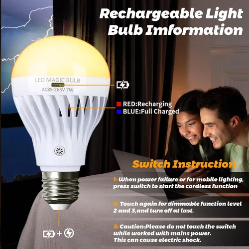 Vista 2 de BSOD Bombillas recargables con control remoto, bombillas LED E26 de luz cálida, bombillas de batería USB, bombillas regulables de emergencia