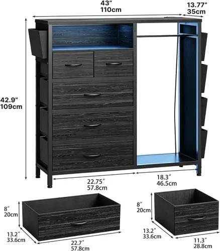 Vista 2 de Espelism Cómoda para dormitorio con perchero, bolsillos laterales, cómoda de 5 cajones con estación de carga, luces LED, cómoda de almacenamiento