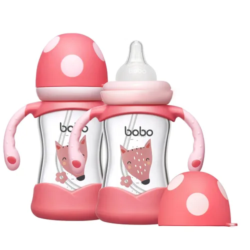 Vista 9 de YOHKOH Biberón de vidrio natural con pezón de respuesta natural, biberones de cuello ancho con asa, juego de biberones anticólicos para recién Azul