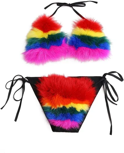 Vista 23 de ZOSCGJMY Conjunto de bikini de dos piezas de piel sintética para mujer Beige