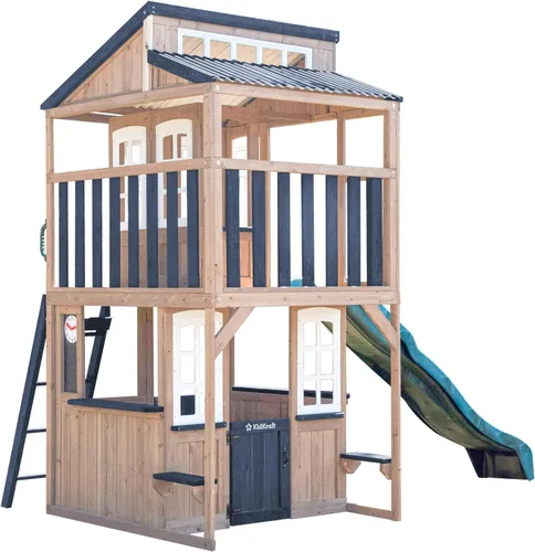 Vista 2 de KidKraft Cliffbrook - Casa de juegos de madera para exteriores de dos pisos con tobogán