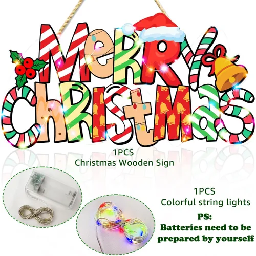 Vista 4 de Letrero de puerta con texto en inglés "Merry Christmas", decoración de árbol de Navidad, adorno de madera para colgar cabina de fotos con cuerdas
