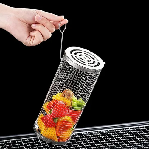 Vista 7 de Cesta enrollable para parrilla de acero inoxidable, cesta para parrilla con cubierta de malla extraíble, accesorios para barbacoa, cestas