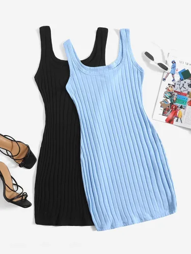 Vista 5 de SheIn Vestido corto sin mangas de punto acanalado liso para mujer, 2 piezas