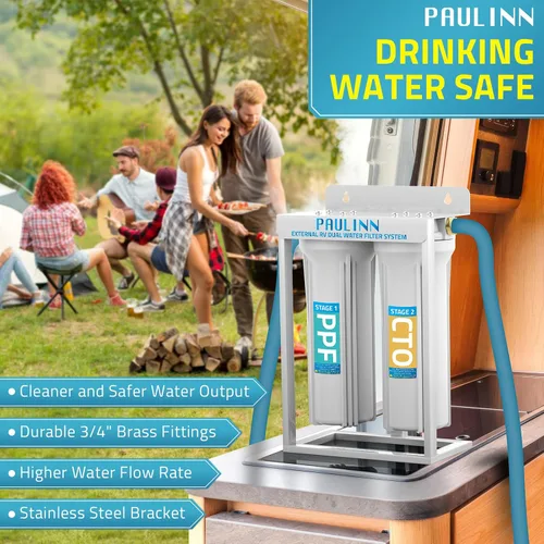 Vista 5 de PAULINN Sistema de Filtros de Agua Dobles Externos para RV, Filtro de Agua para Caravana Libre de Plomo y BPA con Accesorios de Latón y Soporte