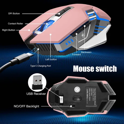 Vista 8 de Ratón inalámbrico Bluetooth, mouse multidispositivo recargable silencioso, BT5.03.0 y USB inalámbrico, ratones de computadora con luz RGB