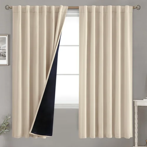 Vista 77 de BGment Cortinas 100% opacas beige de 63 pulgadas de largo con forro aislante térmico, bolsillo para varilla y lengüeta trasera de doble capa