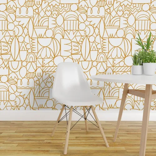 Vista 3 de Muestra de papel tapiz extraíble – Círculos amarillos vintage moderno geométrico arte abstracto personalizado pre-pegado papel pintado por