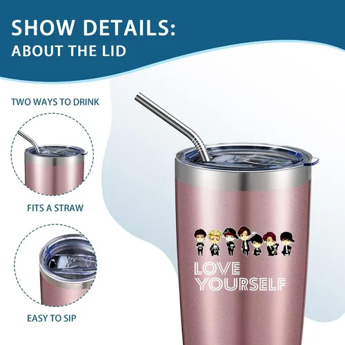 Vista 5 de Love Yourself Regalo inspirador para los fanáticos de la música, vaso de café helado de acero inoxidable aislado de 20 Oz con tapa, pajita