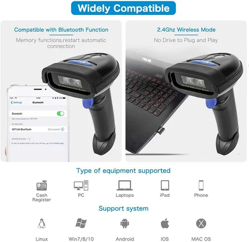 Vista 3 de NETUM Escáner de código de barras Bluetooth, compatible con función inalámbrica y Bluetooth de 2.4G y conexión con cable, conecta teléfono
