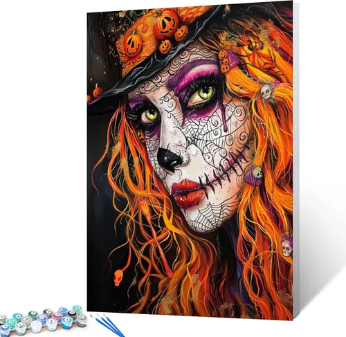 Vista 19 de Pintura por números retrato de niña con sombrero de mago Tucocoo, pintura DIY en lienzo con pinceles, pinturas acrílicas, calabaza de Halloween