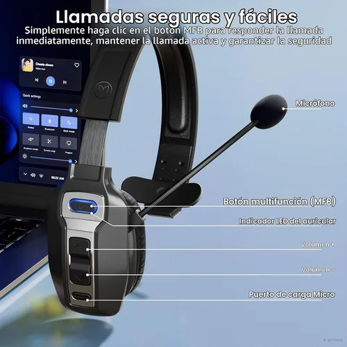 Vista 6 de Auriculares Bluetooth BRAMMAR Trucker con cancelación de ruido AI y micrófono, auriculares Trucker con 65 horas de tiempo de conversación y botón