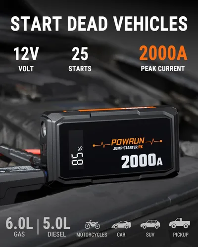 Vista 2 de Powrun P-X Arrancador de Salto, Caja de Salto Portátil de 2000A - Paquete de Batería de Arrancador de Coche para hasta 6.0L de Gasolina y 5.0L