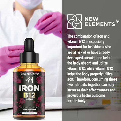 Vista 7 de New Elements Suplemento de hierro líquido para mujeres y hombres con vitamina B12 de 5000 mcg, constructor de sangre libre para la anemia, gotas