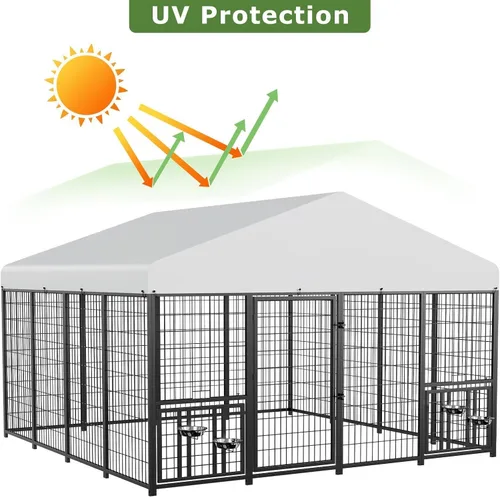 Vista 3 de Jaula grande para perros al aire libre ROOMTEC con comederos para perros, 10 pies de largo x 10 pies de ancho x 6.5 pies de alto