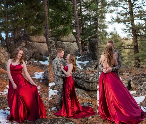 Vista 5 de ZLQQ Vestidos de noche formales divididos con tirantes delgados vestidos de satén largos con bolsillos para mujer