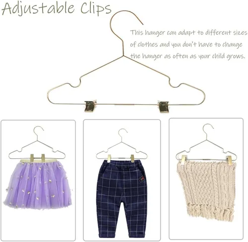Vista 7 de Perchas para ropa de bebé de 12.6 pulgadas de metal dorado con 2 clips ajustables, almacenamiento de armario, estante resistente para camisas