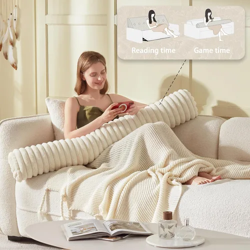 Vista 5 de Almohada de cabecera + una almohada larga para el cuerpo, almohada de piel sintética con funda extraíble (beige, matrimonial: 54 x 8 x 20 pulgadas)