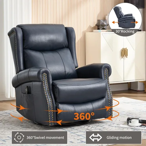 Vista 3 de Trustyue Silla reclinable de piel auténtica, reclinable manual con balancín giratorio, mecedora de masaje y calor, reclinable para guardería Azul
