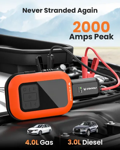 Vista 2 de ETENWOLF Arrancador de batería de coche 2000A con compresor de aire 160PSI Naranja vívido
