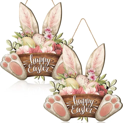 Vista 7 de Barydat 1 corona de Pascua para puerta delantera, conejo de bienvenida, letrero de madera, decoración de primavera, placa colgante de Pascua