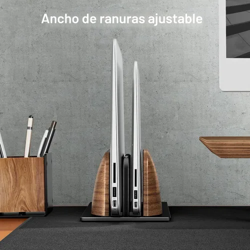 Vista 3 de UPERGO Soporte vertical para laptop, soporte vertical de madera de doble ranura para escritorio, base ajustable de ancho para MacBook Pro y otras