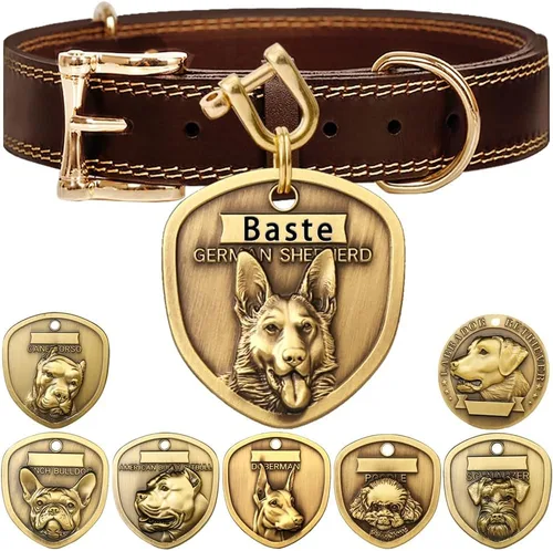 Vista 24 de Collar de cuero auténtico para perro + Juego de etiqueta para perro bulldog con relieve 3D (XS-S)