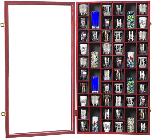 Vista 10 de Vitrina de vidrio de chupito, soporte de madera para armario montado en la pared, caja de sombra negra con cerradura con protección UV, exhibición