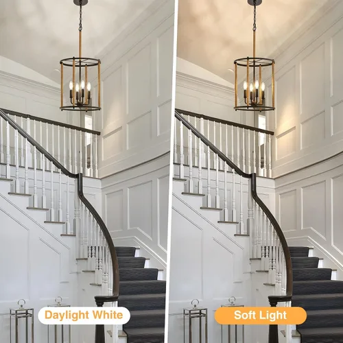 Vista 6 de Luvkczc Candelabro de 4 Luces, Luz de Techo Estilo Granja, Lámpara de Linterna Negra Accesorios de Iluminación con Jaula de Cuerdas, Altura