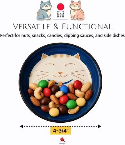 Vista 2 de JapanBargain 2566 - Juego de 2 platos de salsa japonesa de porcelana para aperitivo, postre y pastel con patrón de gato sonriente de la suerte
